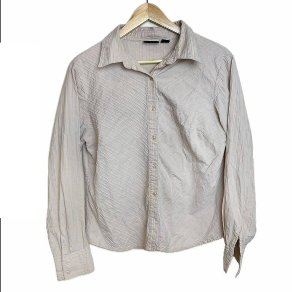 Y2k Pintuck Tan Button Down Womens Large - Picture 1 of 5